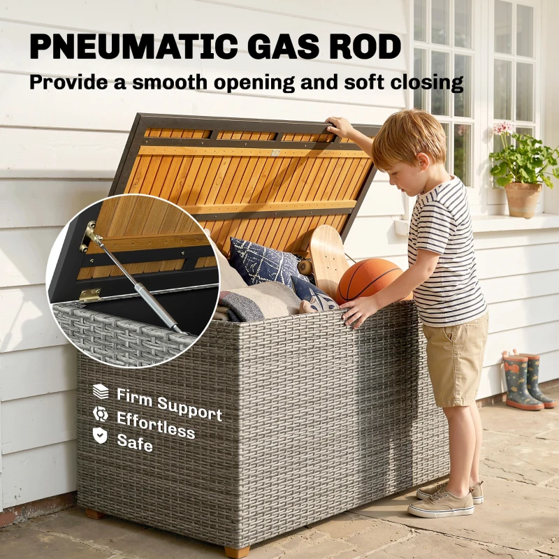 Outsunny Tuinbox 450 L polyrattan waterdicht opbergbox met FSC-houten deksel gasdrukveren voering
