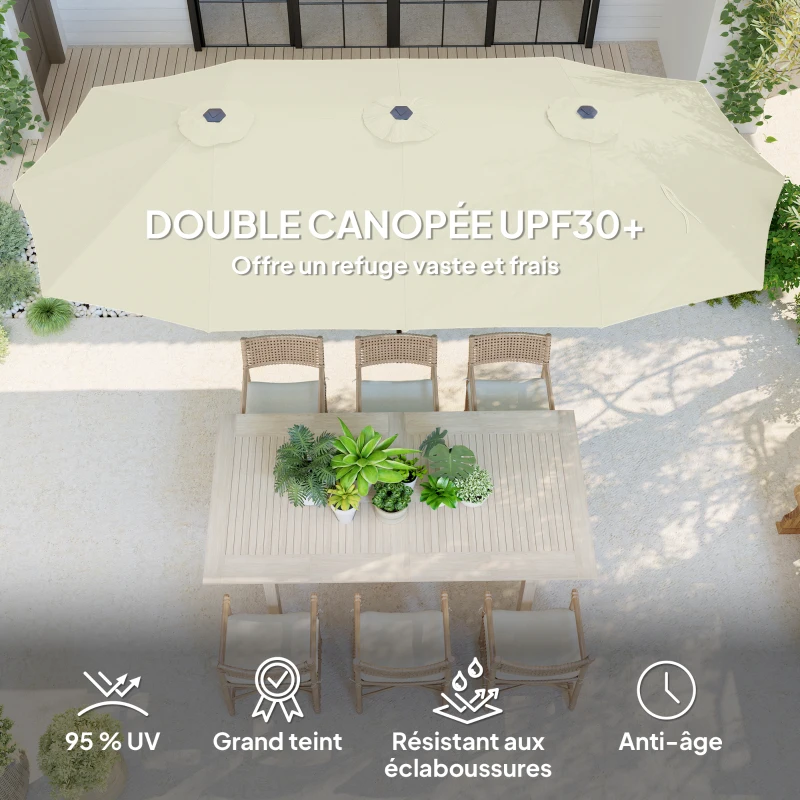 Outsunny Parasol de jardin extérieur, parasol double rectangulaire 4 x 2,2 x 2,3 m avec ouverture fermeture manivelle crème