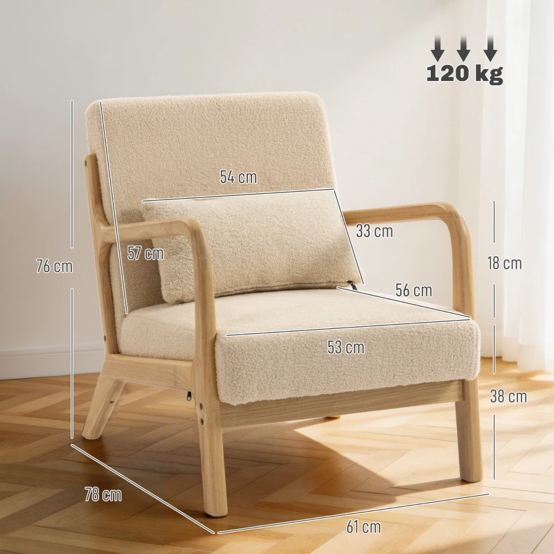 HOMCOM Poltrona lounge in velluto con 3 cuscini e struttura in hevea, Beige