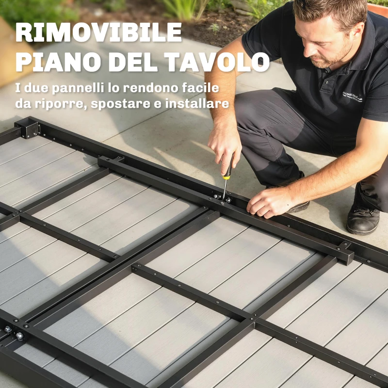 Outsunny Set da Esterno 7pz con Tavolo da Giardino a 2 Sezioni e 6 Sedie Impilabili in Texteline, Grigio