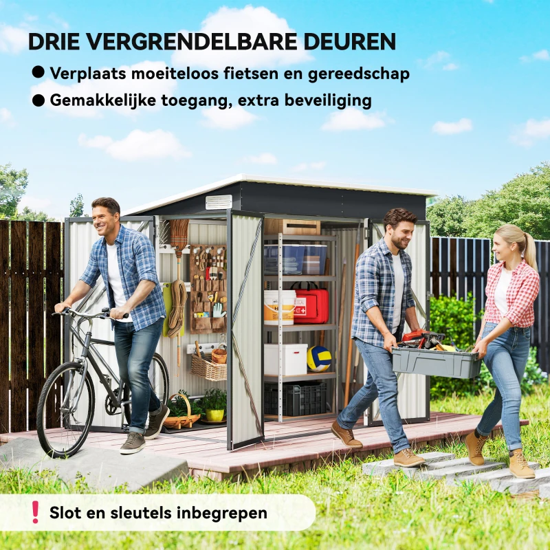 Outsunny Metalen berging 2,68 m², afsluitbare schuur met 3 deuren, ventilatie, schuindak, handschoenen