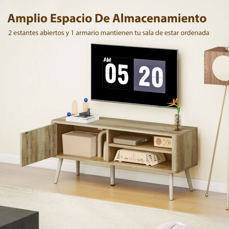 HOMCOM Mesa de TV con Puerta Estante Ajustable Compartimentos Abiertos y Orificio para Televisión hasta 55 Pulgadas Roble