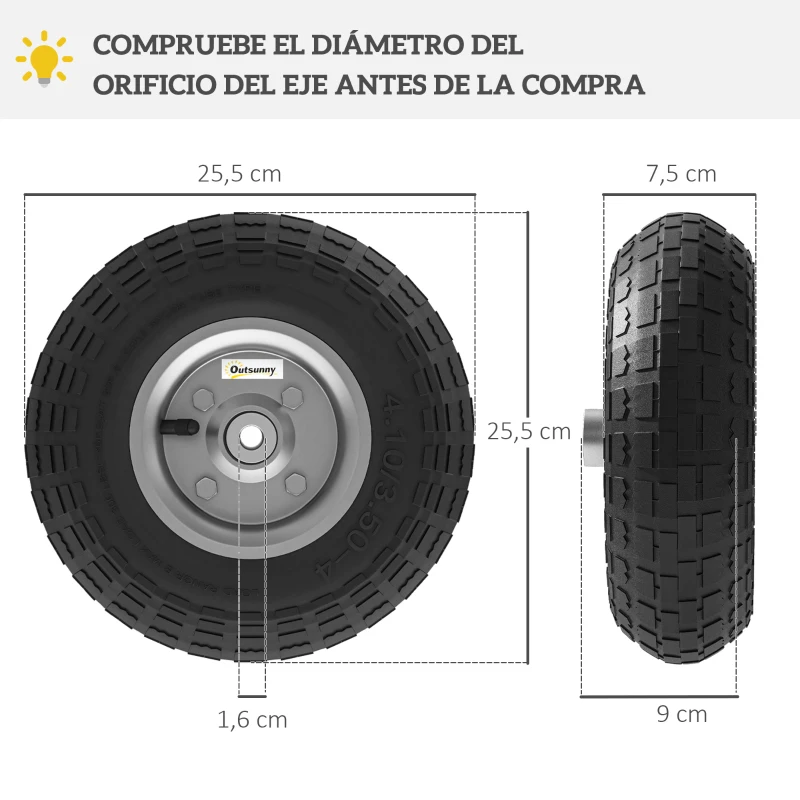 Outsunny Juego de 4 Ruedas para Carretilla Neumáticos de Goma Ø255 x 75 mm Eje de 16 mm Carga 80 kg Negro