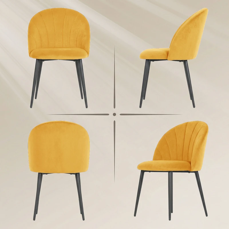HOMCOM Set de 2 Scaune pentru Sufragerie din Catifea, Scaune pentru Bucătărie cu Spătar Curbat în Formă de Scoică, Picioare din Oțel, Stil Nordic, Scaune Căptușite pentru Bucătărie, Dormitor, Living, Galben