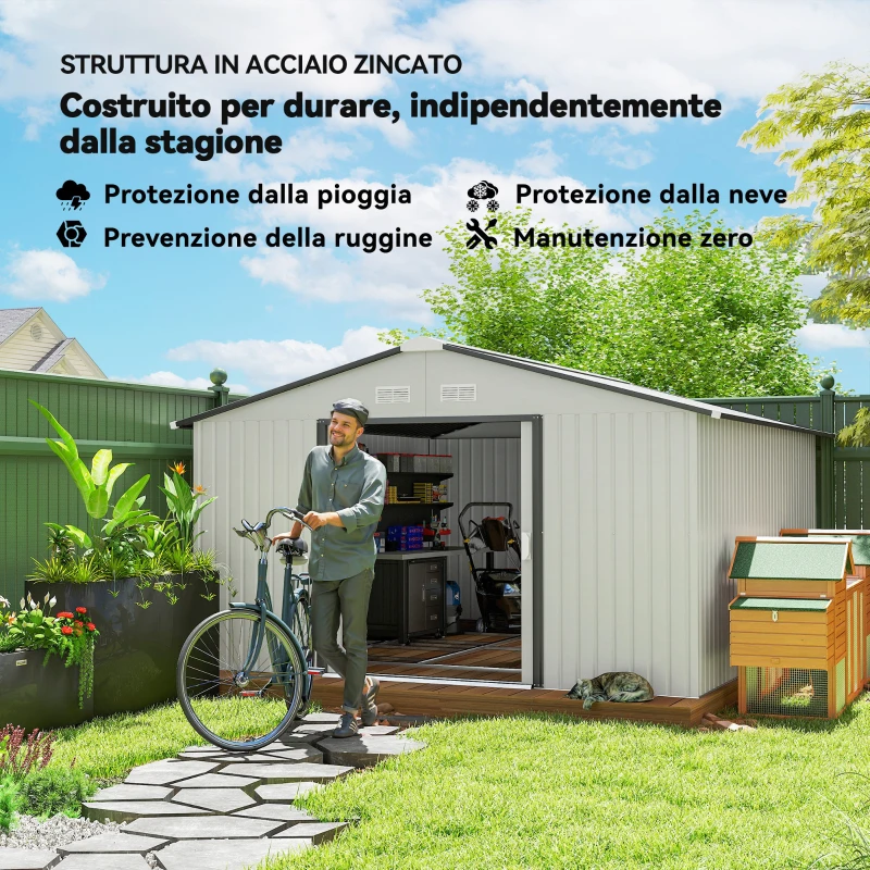 Outsunny Casetta da Giardino 3.4x3.8x2 m in Acciaio con Doppia Porta Scorrevole e Tetto Inclinato, Argento