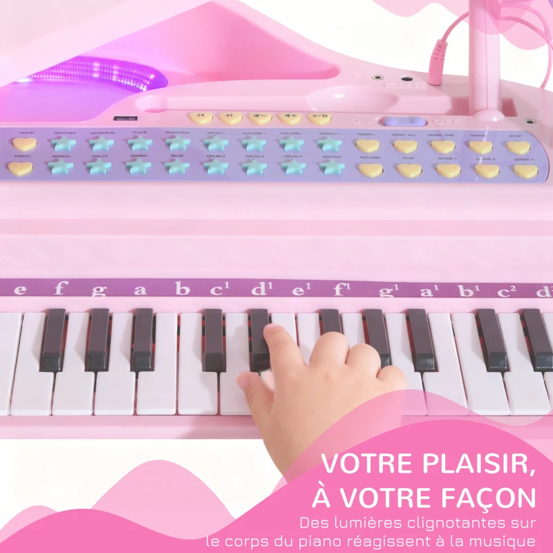 HOMCOM Piano à Queue électronique 37 Touches Multifonctions avec Micro Haut Parleur Rose