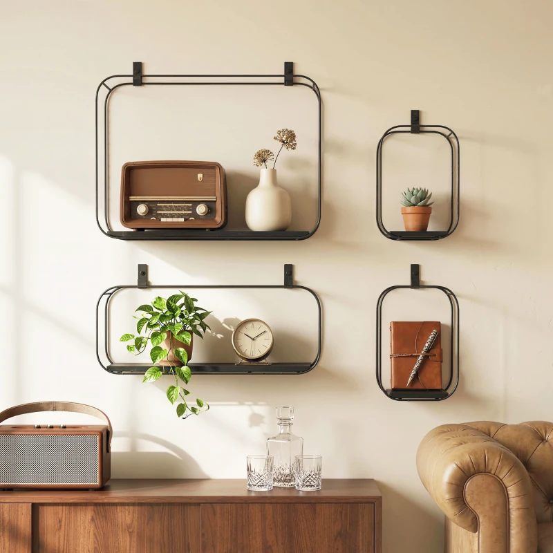 HOMCOM Estantes Flotantes Geométricos para Salón, Set de 4 Piezas, Negro