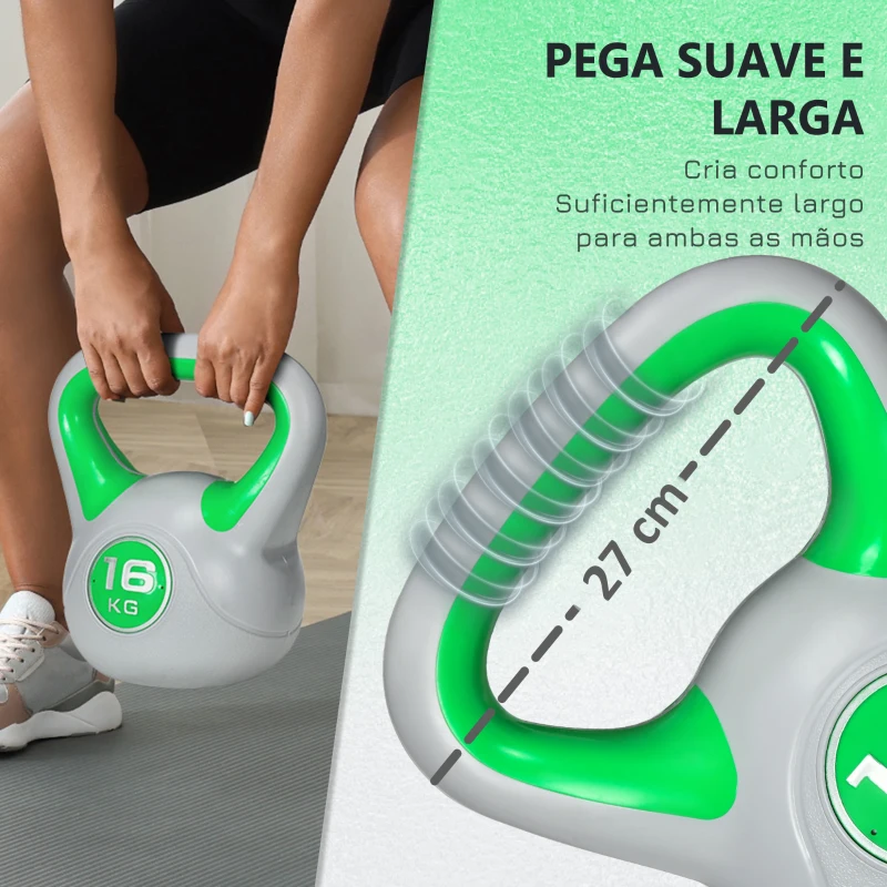 SPORTNOW Kettlebell 16 kg Peso Russo com Revestimento de PU e Enchimento de Areia para Treinamento 26x18x32 cm Verde e Cinza