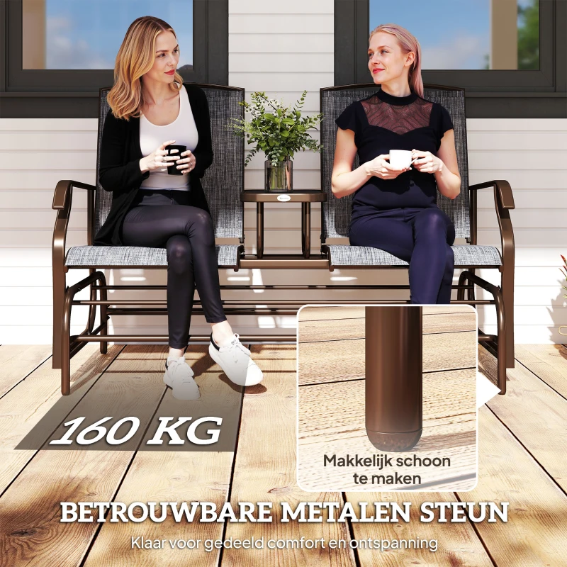 Outsunny Metaal tuinbank schommelstoel tuinstoel 2-zits met tafel schommel bruin