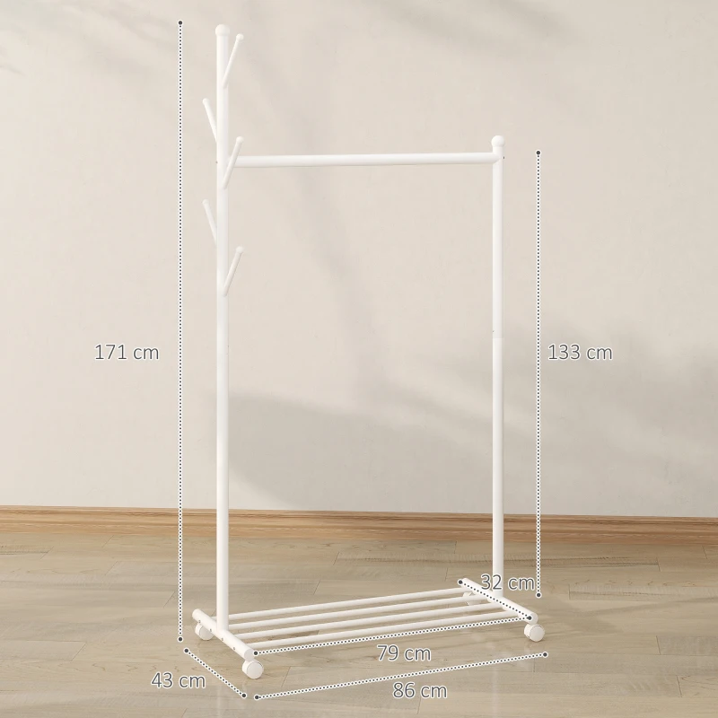 HOMCOM Burro para Ropa con Ruedas 5 Ganchos Barra para Colgar y Balda Inferior para Recibidor Entrada 86x43x171 cm Blanco