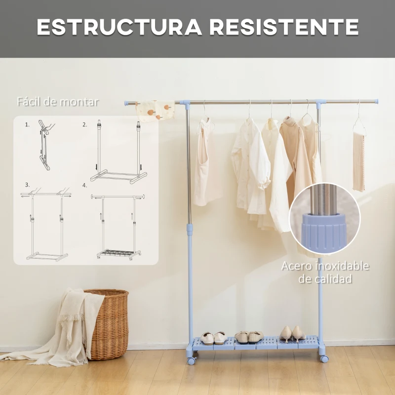 HOMCOM Tendedero Extensible con Ruedas con Barra de Acero Inoxidable y Estante para Zapatos 159x42x168 cm Azul y Plata