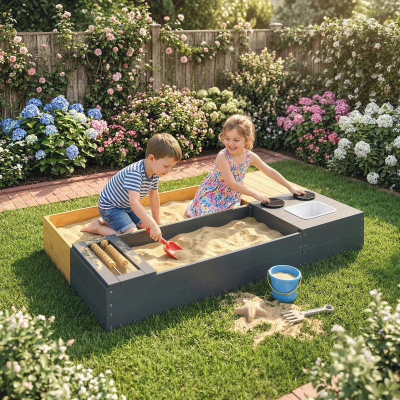 AIYAPLAY Bac à sable 2 pièces 150x90cm bac en bois avec banc rangement cuisinière évier amovible perles d'abaque jaune