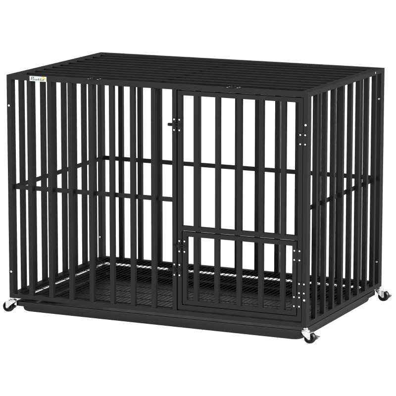PawHut Heavy Duty Dog Crate, Dog Cage with Wheels for Medium Large Breeds, Metal Pet Kennel with Removable Tray
