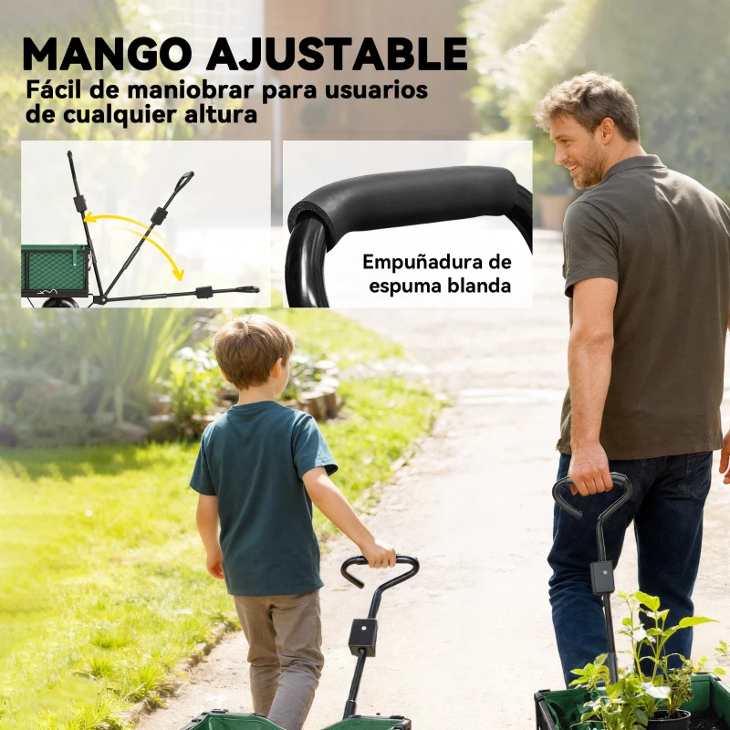 Outsunny Carrito de Jardín con Ruedas Grandes Asa Ajustable y Bolsa Impermeable Removible Carga 300 kg 105x51x54 cm Verde
