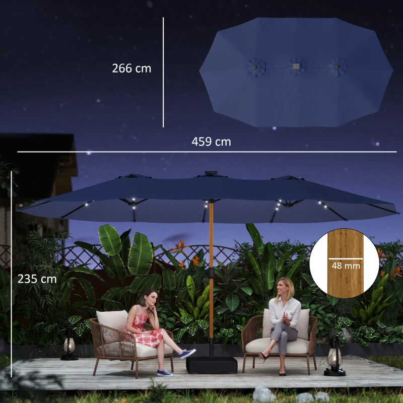 Outsunny Double Sided Garden Parasol with Base Included & 48 Solar LED Lights Patio Umbrella Crank Handle 4.6m Dark Blue
