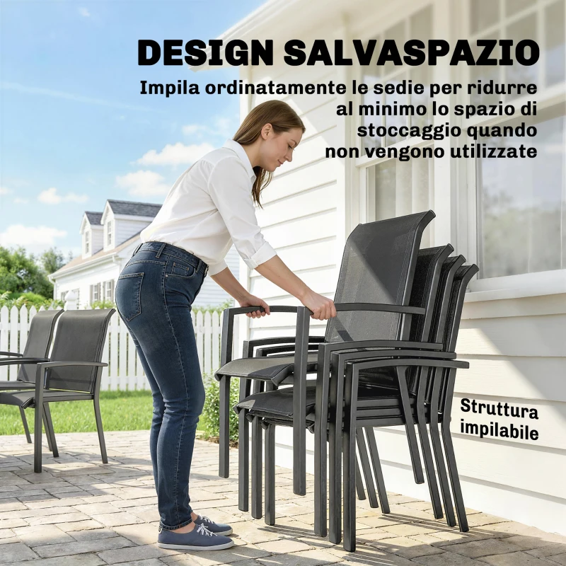 Outsunny Set da Esterno 7pz con Tavolo da Giardino a 2 Sezioni e 6 Sedie Impilabili in Texteline, Grigio