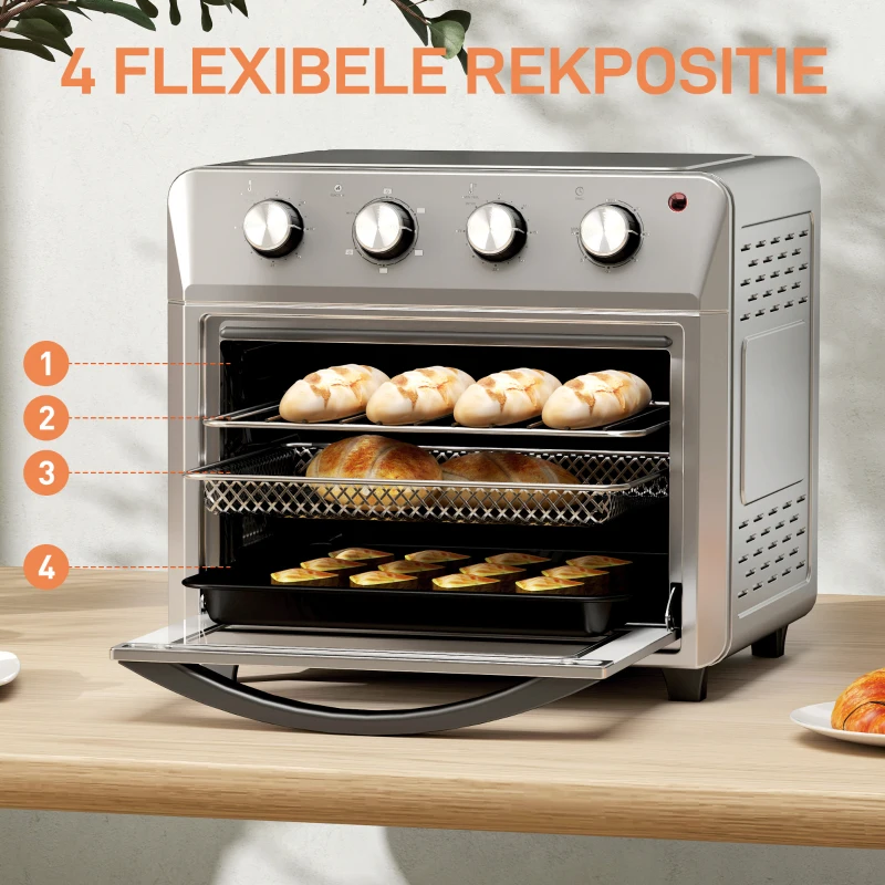 HOMCOM Mini-oven met hetelucht, heteluchtfriteuse, 6 verwarmingsmodi, timer, accessoires, 24L, zilver(m-9)