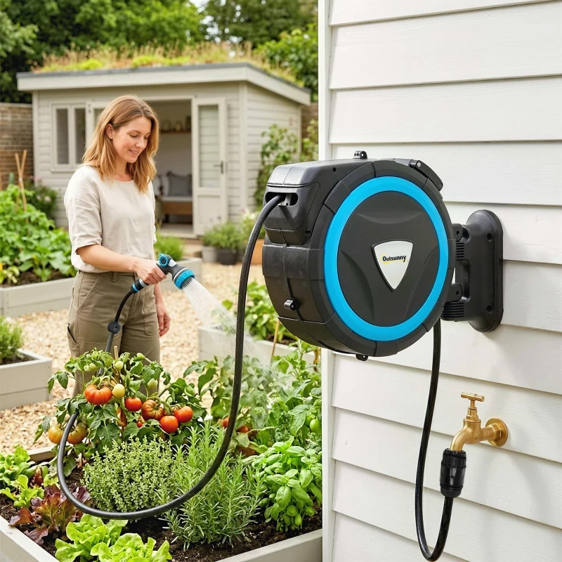 Outsunny Derulator Furtun Udare Montat pe Perete 14+1,5 m cu Blocare și Adaptoare, Rotativ 180°, 12 Moduri, 49x15x37cm, Albastru