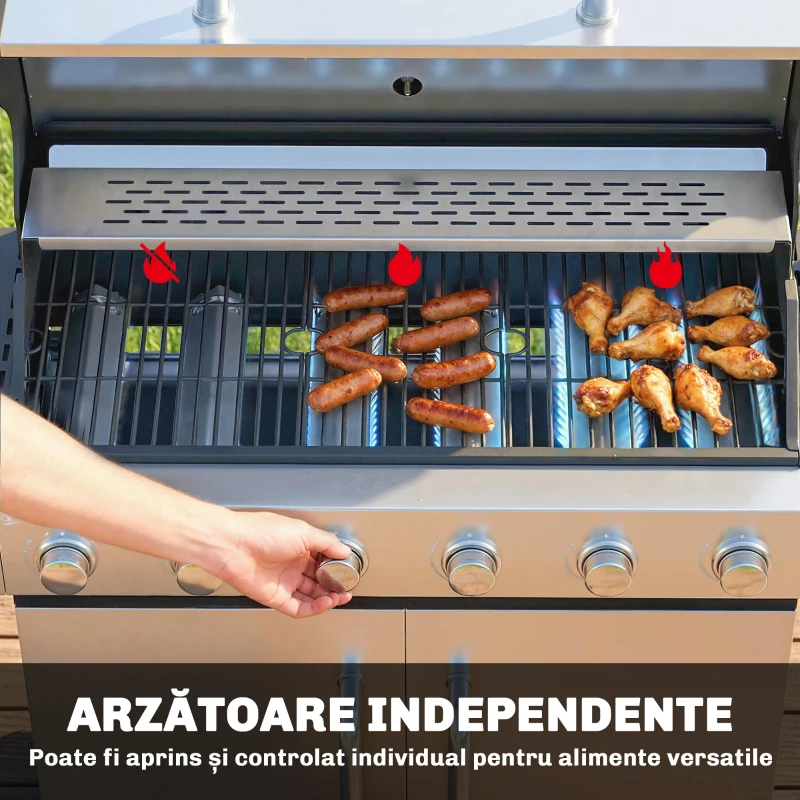 Outsunny Grătar pe Gaz, 6 Arzătoare, Arzător Lateral, Grilaj din Fontă, Dulap Inclus