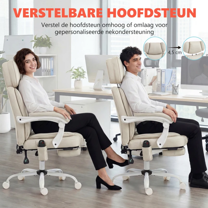 HOMCOM Ergonomische bureaustoel met vibratiemassage en verwarming, kantelbaar, met voetsteun, crème wit