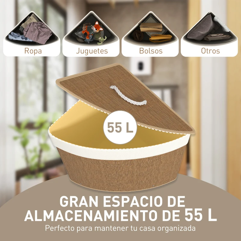 HOMCOM Cesto Ropa Sucia Bambú para Esquina 55L con Tapa y Asa Bolsa Extraíble Lavable 35x35x60 cm Marrón