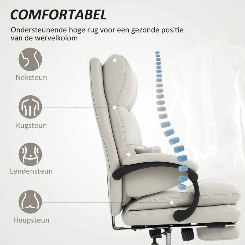 HOMCOM Bureaustoel Hoogteverstelbare bureaustoel met lendensteun, armleuning, voetsteun, van kunstleer, lichtgrijs(m-7)
