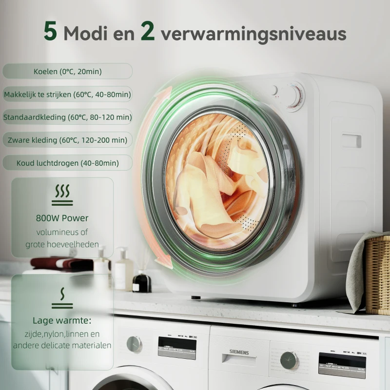 HOMCOM Mini Wasdroger 4 kg met 5 Programma's tot 60℃ 800W/400W Afvoerdroger met omkeerbare Roestvrijstalen Trommel Wit