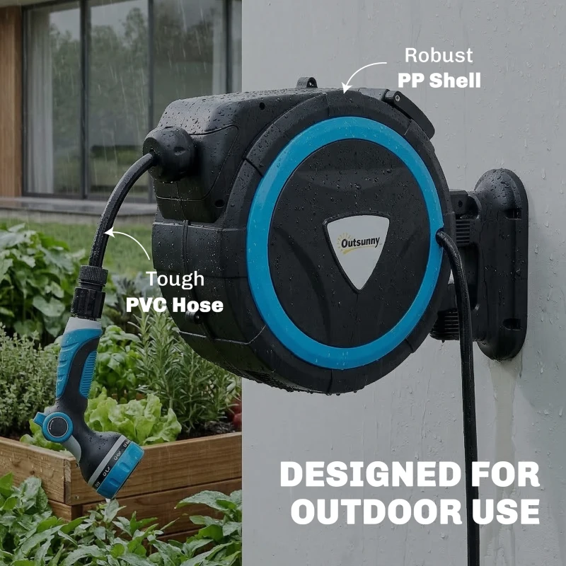 Outsunny Derulator Furtun Udare Montat pe Perete 14+1,5 m cu Blocare și Adaptoare, Rotativ 180°, 12 Moduri, 49x15x37cm, Albastru