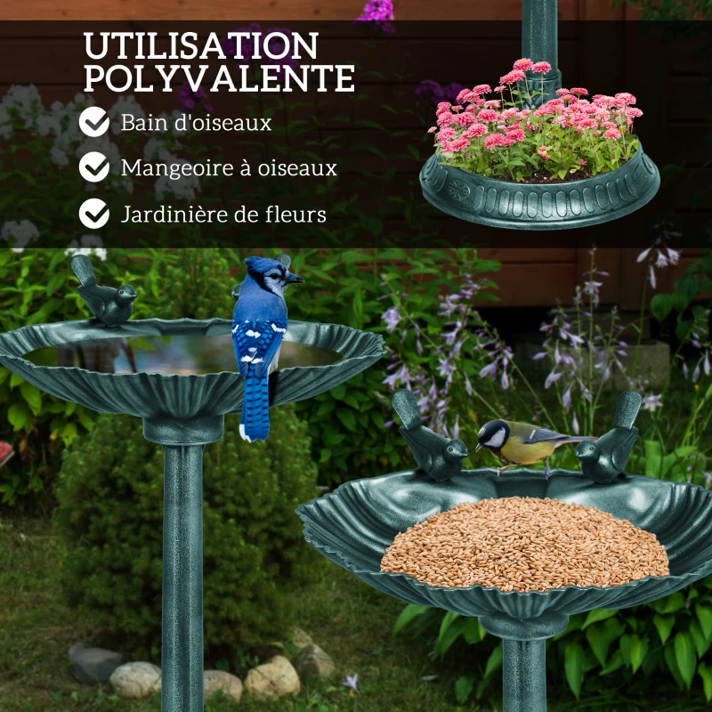 Outsunny Bain d'oiseaux abreuvoir antique 81 cm avec base de jardinière, mangeoire et bassin à oiseaux sur pied, bronze vert