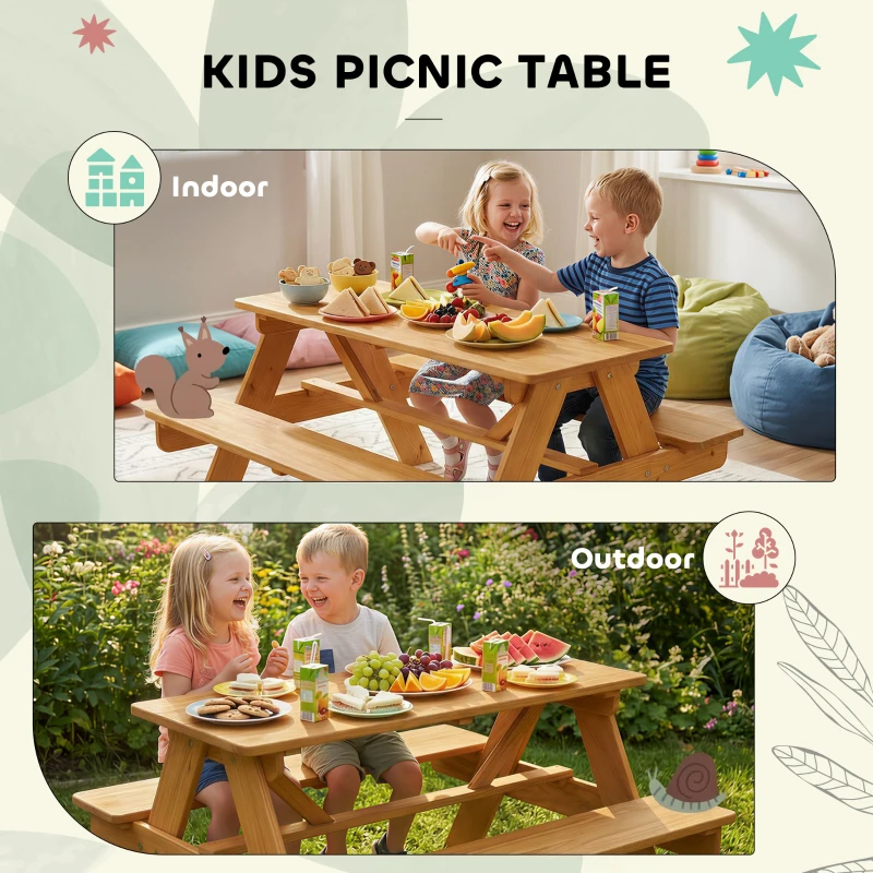 AIYAPLAY Kids Picnic Table for Outdoor Wooden Table & Bench Set with Integrated Benches Natural Wood