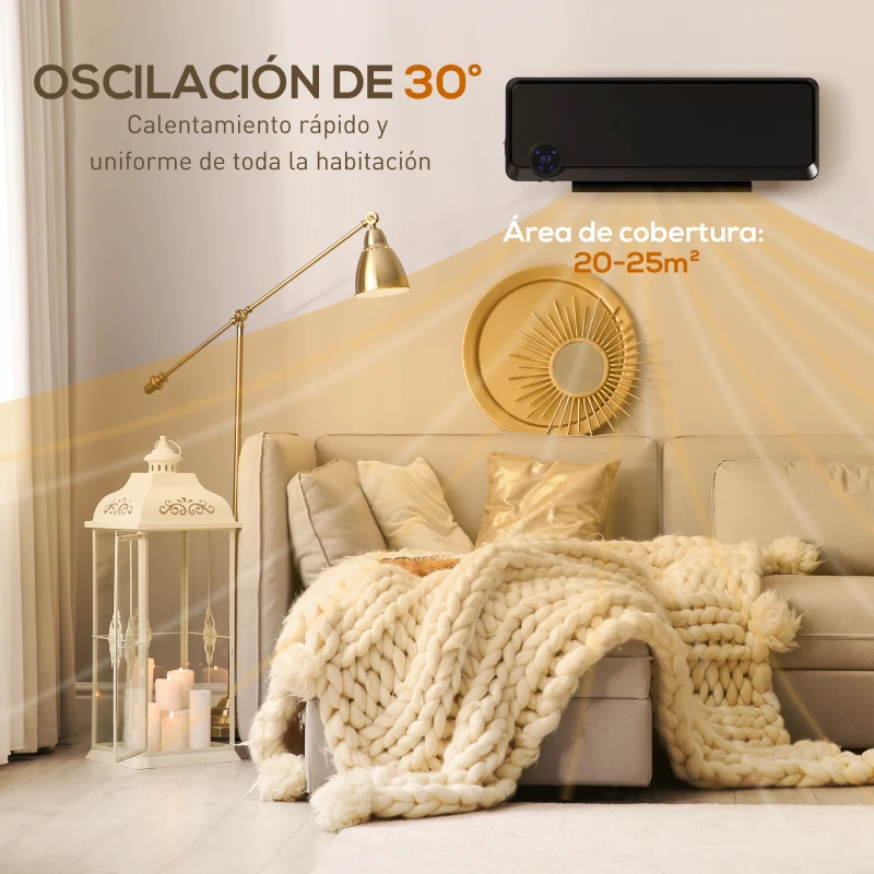 HOMCOM Calefactor Eléctrico de Pared 1000W/2000W Estufa con Pantalla LED IPX2 y Mando a Distancia 56x11,7x18,5 cm Negro
