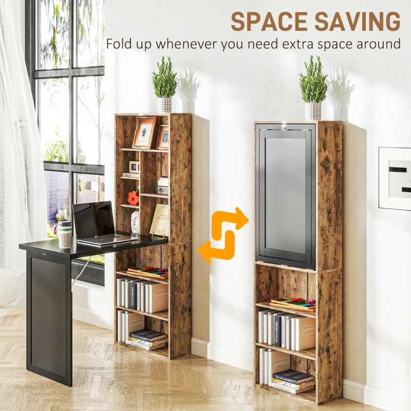 HOMCOM Fold-out Convertible Writing Desk Wall Mount Cabinet with Blackboard and Side Shelf Multi-Function Home Office Workstation, Rustic Brown