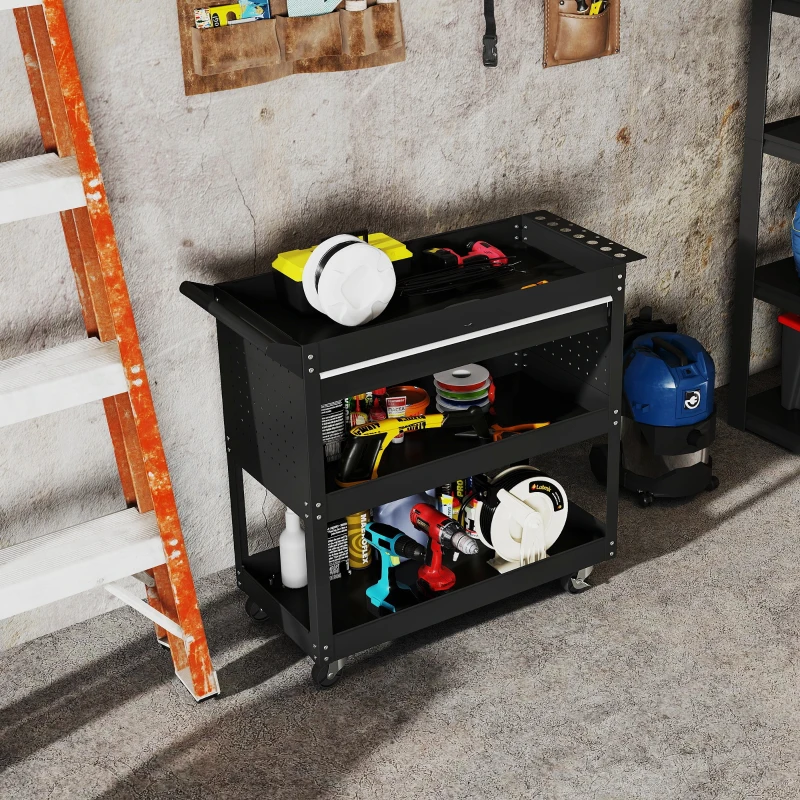DURHAND Carrello 3 Livelli in Acciaio con Cassetto, Porta Utensili Laterale e Maniglia, Nero