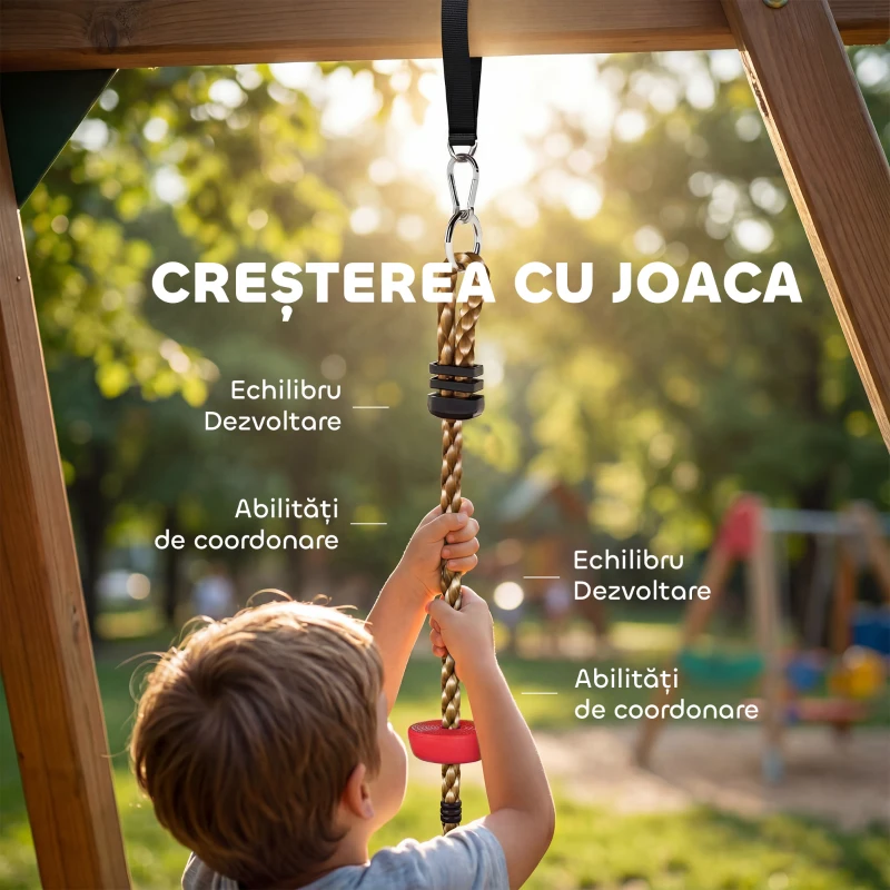 AIYAPLAY Frânghie de Cățărare pentru Copii 3-8 Ani cu Leagăn cu Disc, Suporturi și Carabină, Joc pentru Copii din HDPE și PE, Roșu