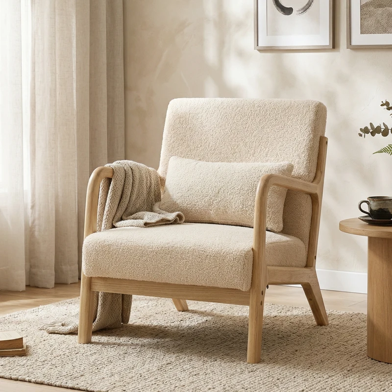 HOMCOM Poltrona lounge in velluto con 3 cuscini e struttura in hevea, Beige