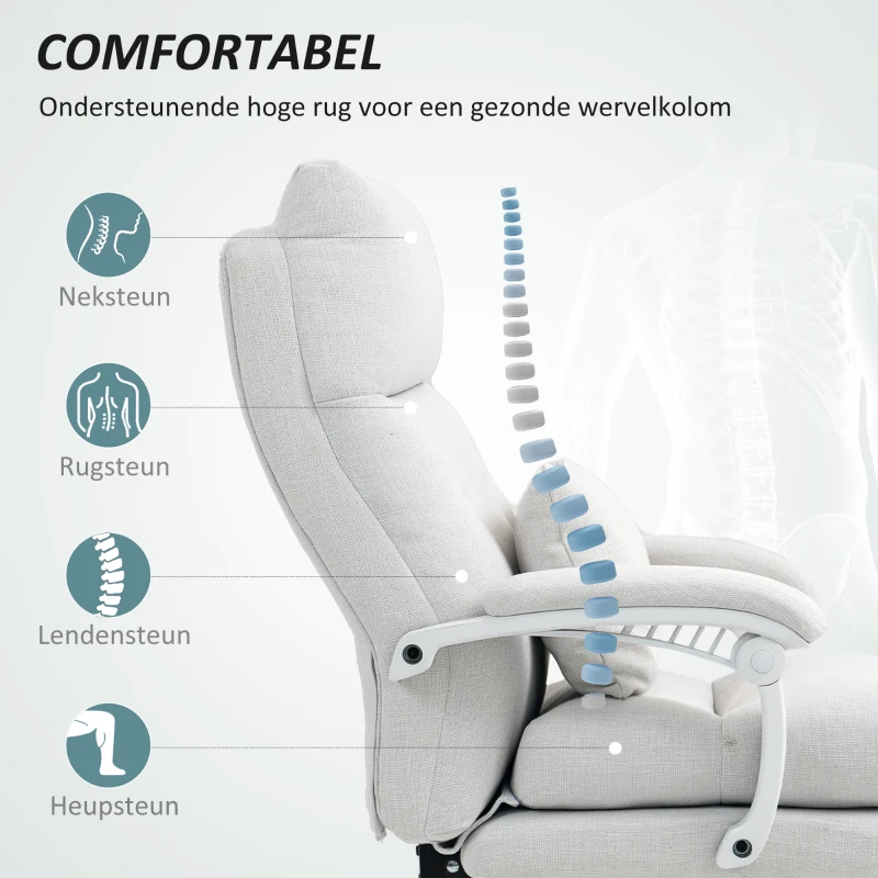 HOMCOM Draaistoel, Linnenlook, Hoogteverstelbaar, 160 Graden Kantelbaar, Voetsteun, Crèmewit(m-5)