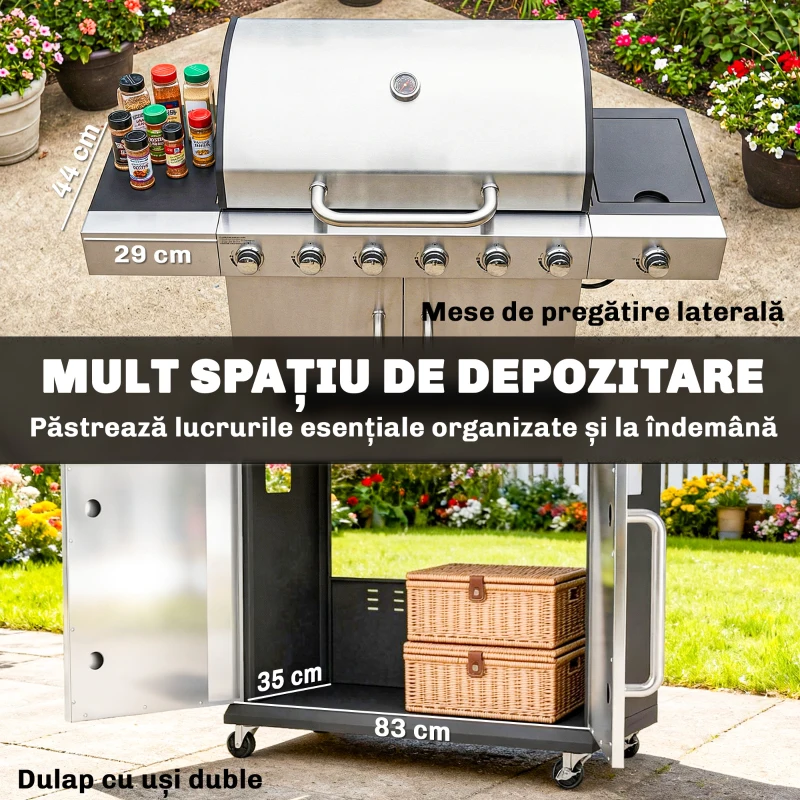 Outsunny Grătar pe Gaz, 6 Arzătoare, Arzător Lateral, Grilaj din Fontă, Dulap Inclus