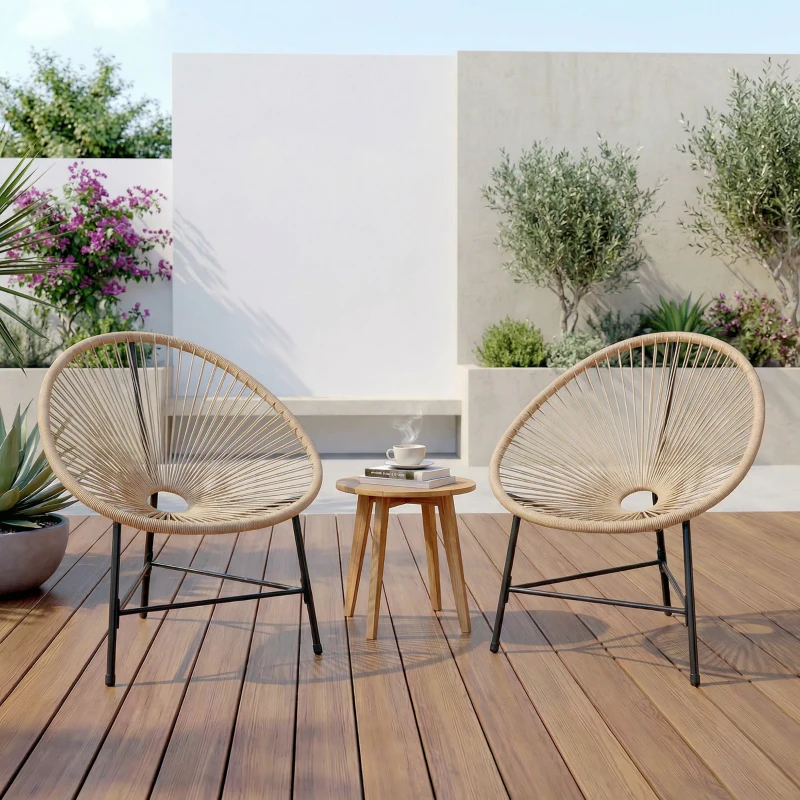 Outsunny Conjunto de 2 Sillas Acapulco de Jardín de Ratán Sintético Sillas para Exterior con Estructura de Acero Natural