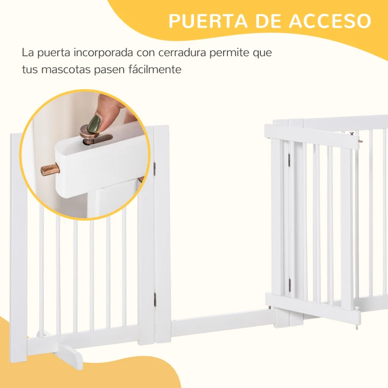 PawHut Barrera de Seguridad para Perros Plegable de Madera para Escaleras y Puertas con Soporte de Pie 204x36x75 cm Blanco