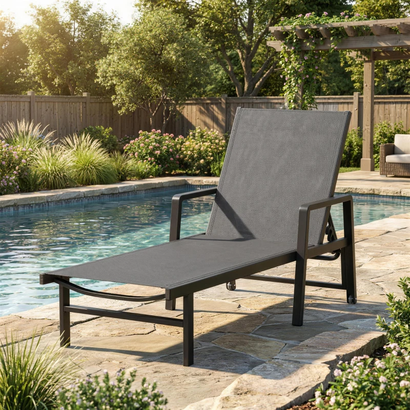 Outsunny Sonnenliege für Garten aus Textilene und Aluminium, 4-fach verstellbar mit Rollen und Armlehnen, 65x189x80cm, Dunkelgrau