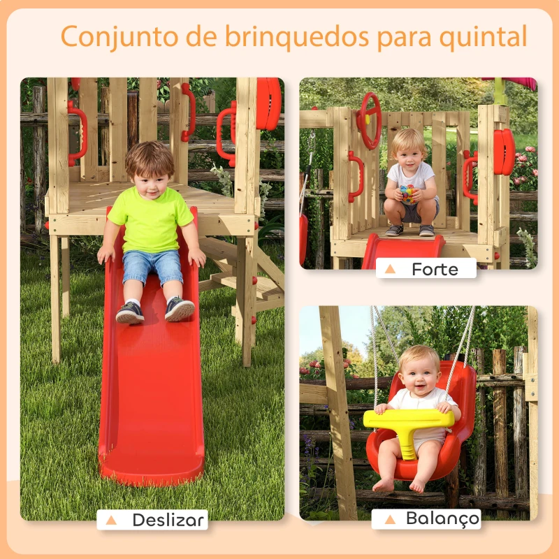 Outsunny Parque Infantil Exterior de Madeira com Baloiço Escorrega Volante Buzina Telefone para Jardim Relvado Vermelho e Madeira