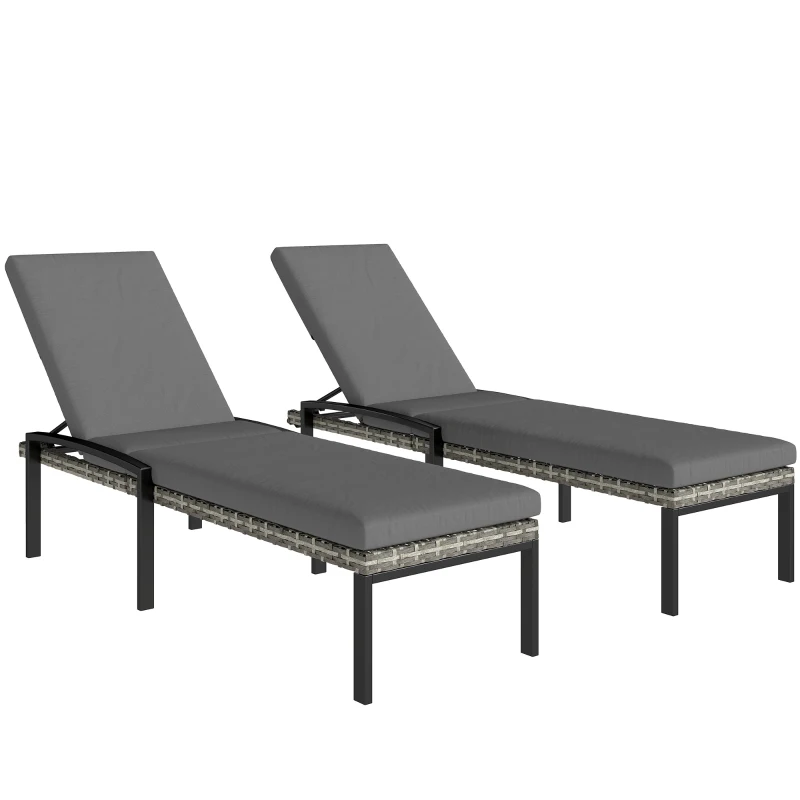 Outsunny Set de 2 tumbonas de polyrattan para jardín con respaldo 5 posiciones ajustable cojín hasta 120kg Gris claro