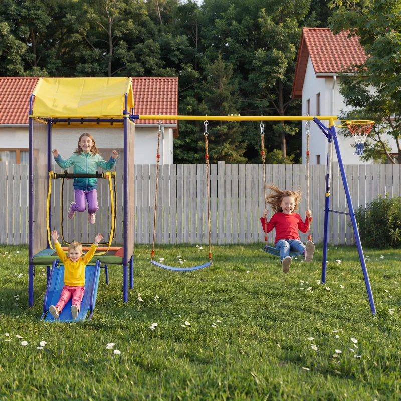 Juego exterior multifuncional 4 en 1 para niños, trampolín con red de seguridad, para 3–8 años, 336x217x238 cm, Multicolor