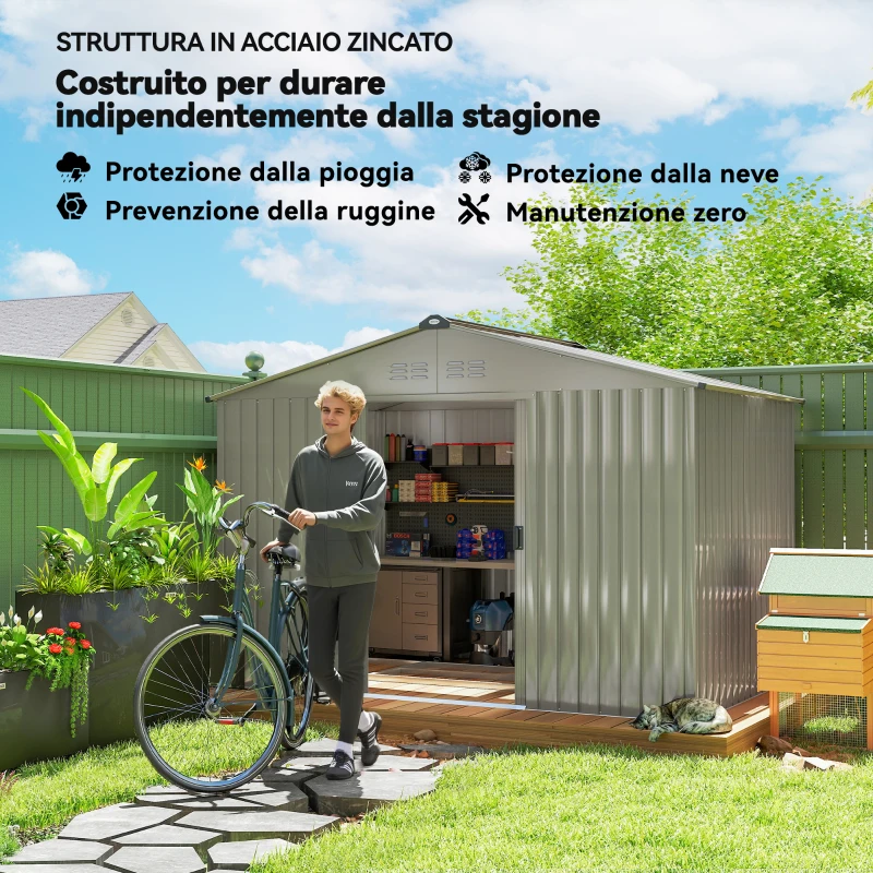 Outsunny Casetta da Giardino in Metallo con Prese d'Aria e Doppia Porta Scorrevole, 277x195x192 cm, Argento