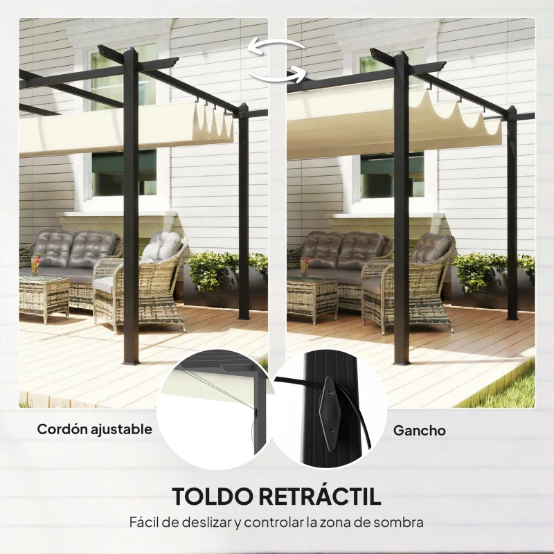 Outsunny Pérgola de Jardín 4x3 m con Techo Retráctil Estructura de Aluminio UPF30+ Orificios de Drenaje Pabellón Exterior Crema