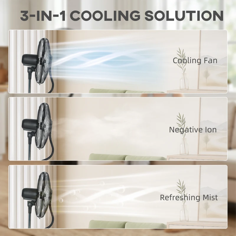 HOMCOM Ventilator de Podea 3 în 1 Oscilant cu Nebulizator de Apă, Telecomandă și Timer 9h, 45x38x130 cm, Negru