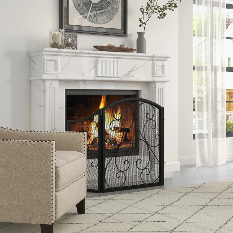 HOMCOM Pare-feu cheminée ou poêle - Pare-étincelles 3 Volets Pliables - dim. 66 x 31 x 81 cm - métal Noir