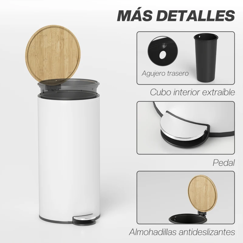 HOMCOM Cubo de Basura Cocina 30L con Pedal Tapa de Bambú de Cierre Suave y Cubo Extraíble para Dormitorio Oficina Salón Blanco