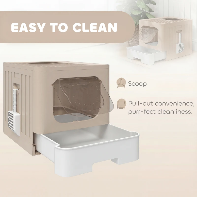 PawHut Cat Litter Box with Lid, Slide-Out Drawer, Scoop, Easy Clean, Odour Control, Anti-Splashing, Khaki