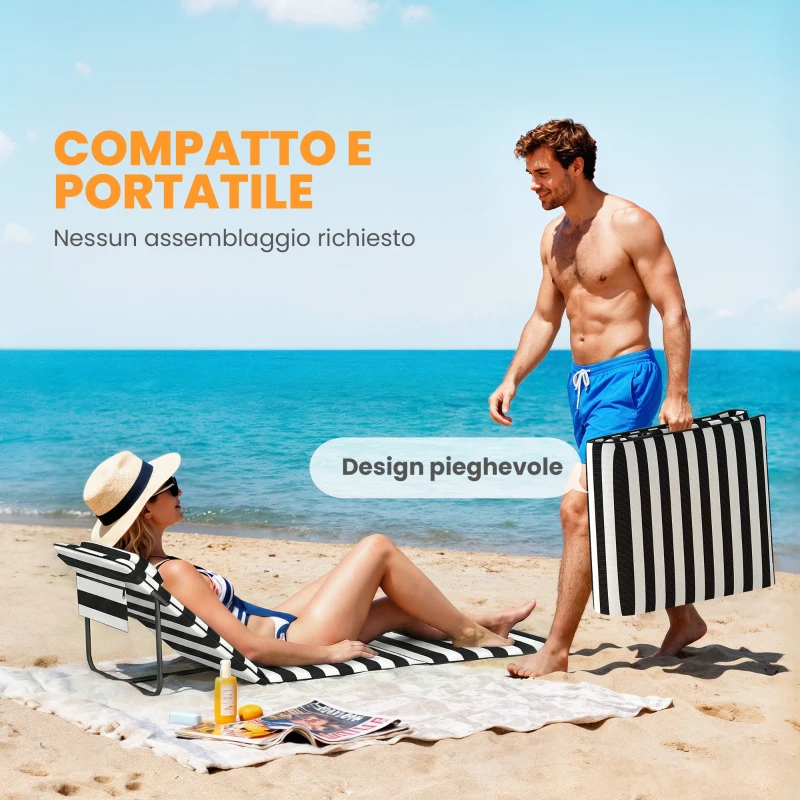 Outsunny Set 2 Sdraio da Spiaggia con Poggiatesta Imbottito, in Metallo e Tessuto Oxford, 146x50x2 cm, Grigio e Bianco